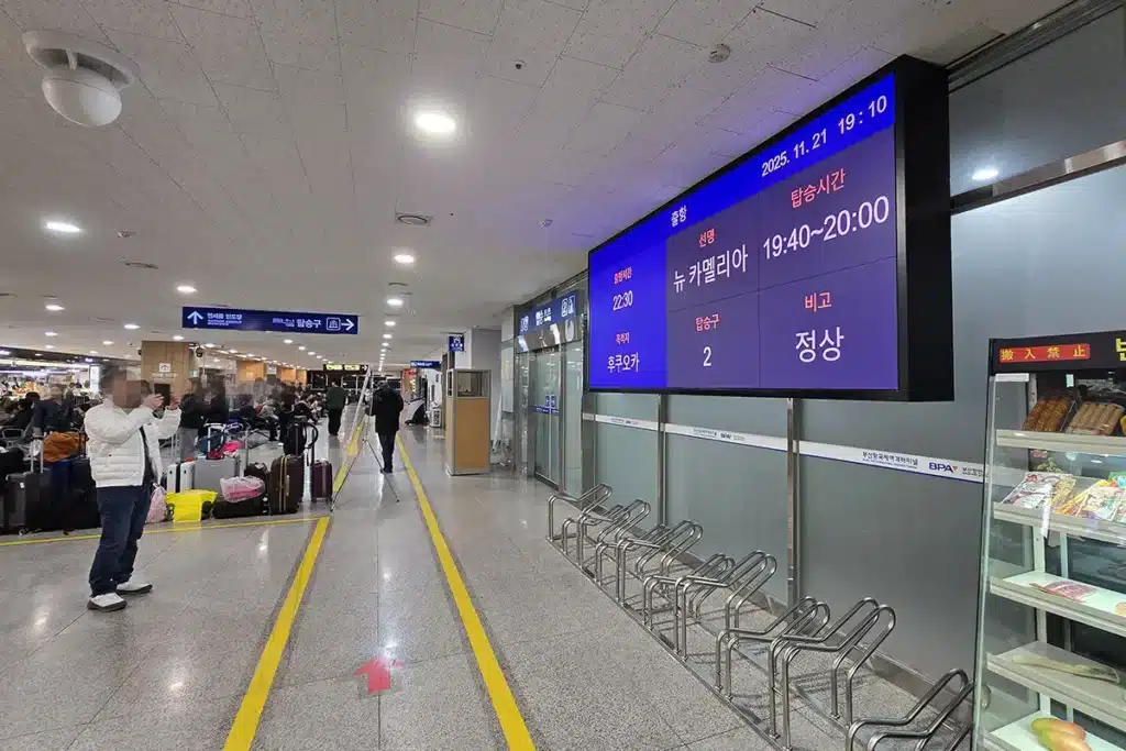 뉴카멜리아호 부산항 탑승게이트 앞 캐리어 줄세워 둔 풍경