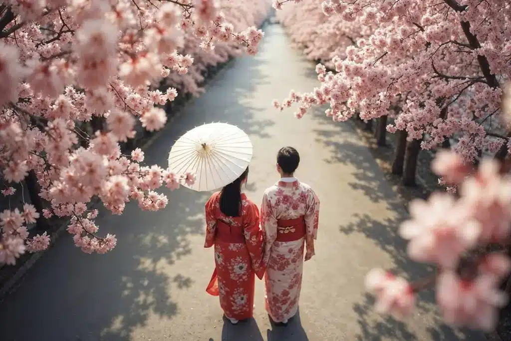 뉴카멜리아호 벚꽃 여행 중 마이즈루 공원 분홍빛 꽃길에서 인생샷을 남기는 여행객의 모습